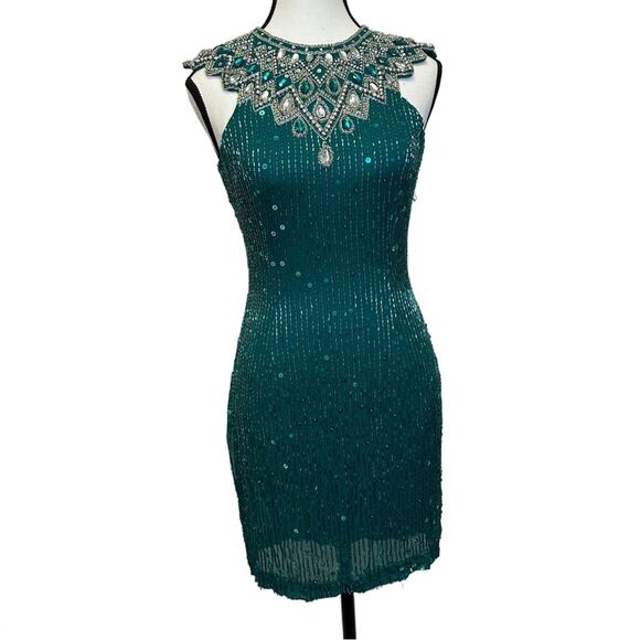 Vintage 1993 Sleeveless Green Embellished Dress | Niteline by Della Roufogali - Picture 1 of 12